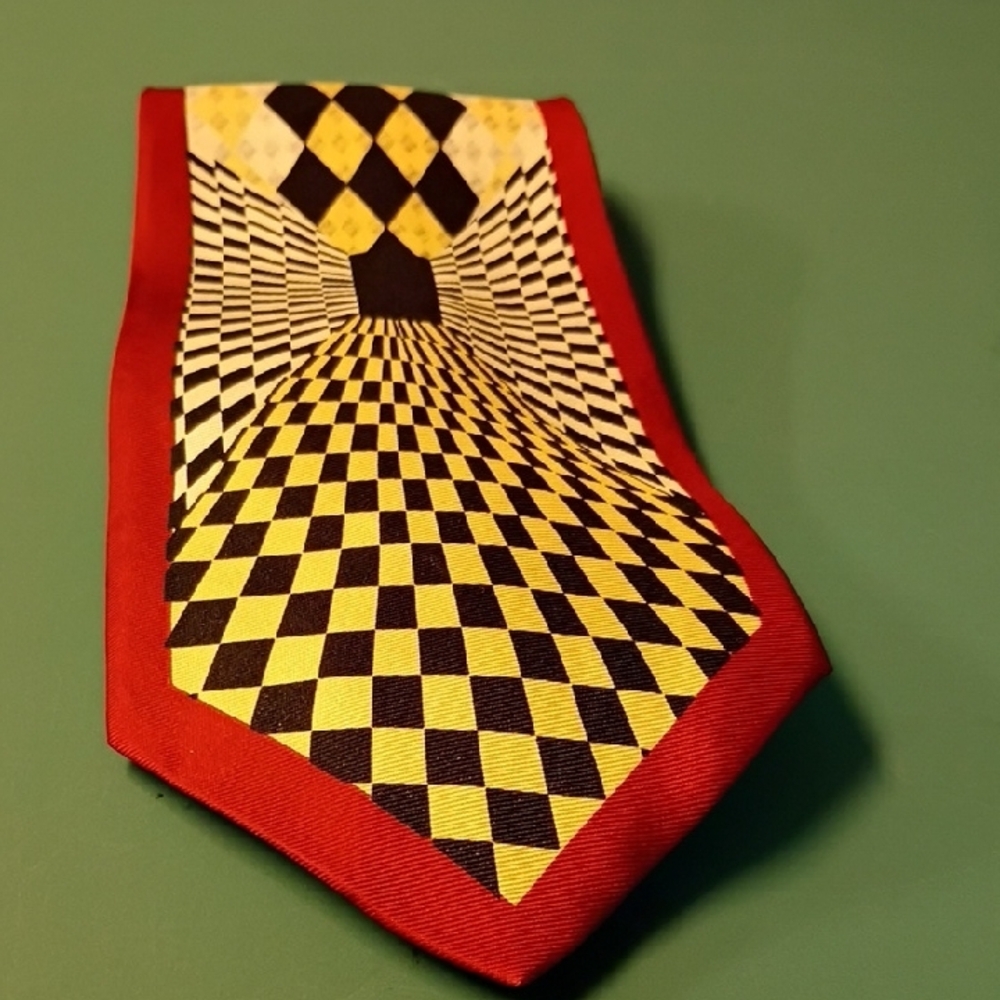 Psychedelic Pattern Red And Black Checkered Silk … - image 1